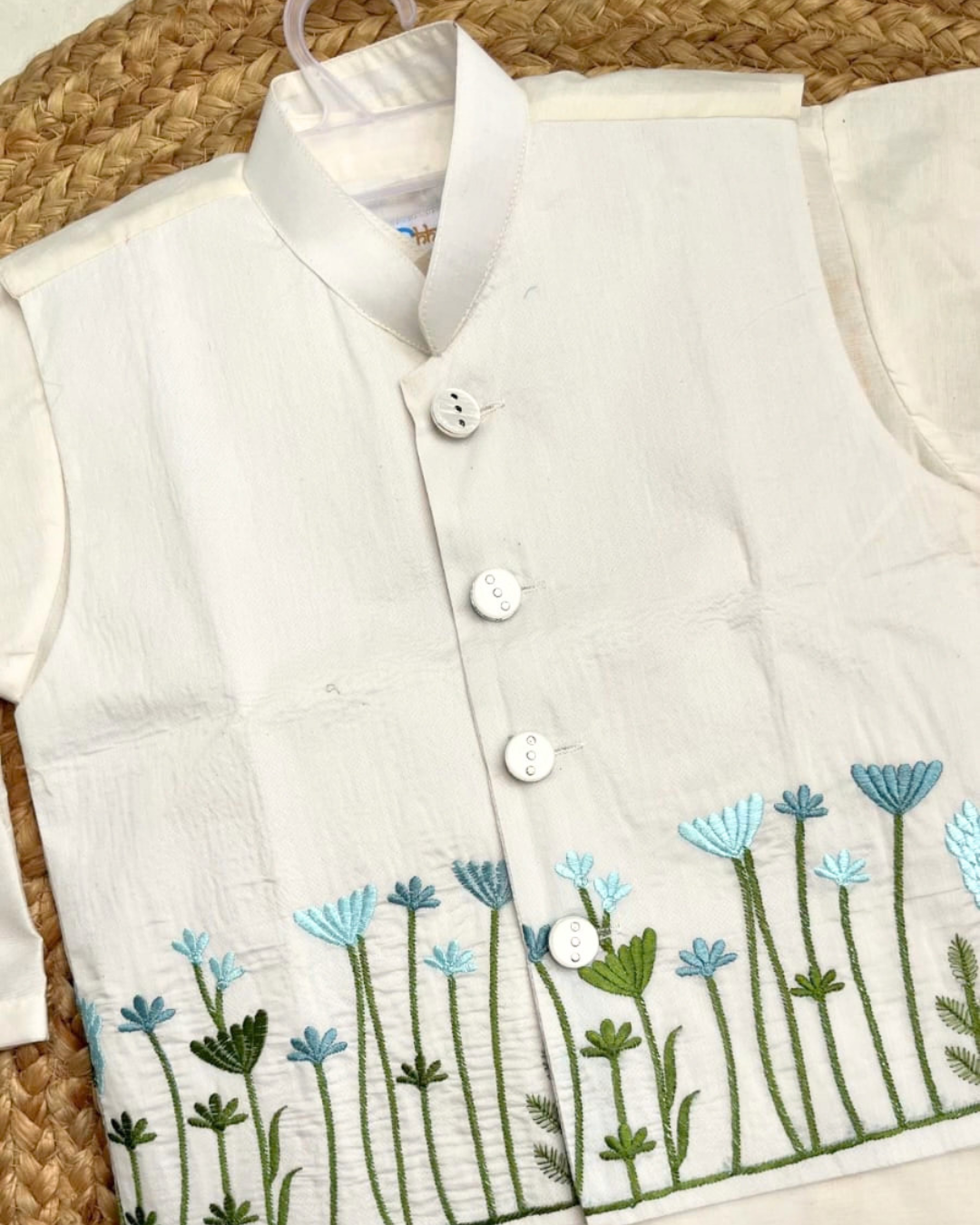 Ivory Blooms – Cream Embroidered Chanderi Koti Kurta Pajama & Lehenga Set for Twins – TwinsTribe x Chhutkan Celebration Edit