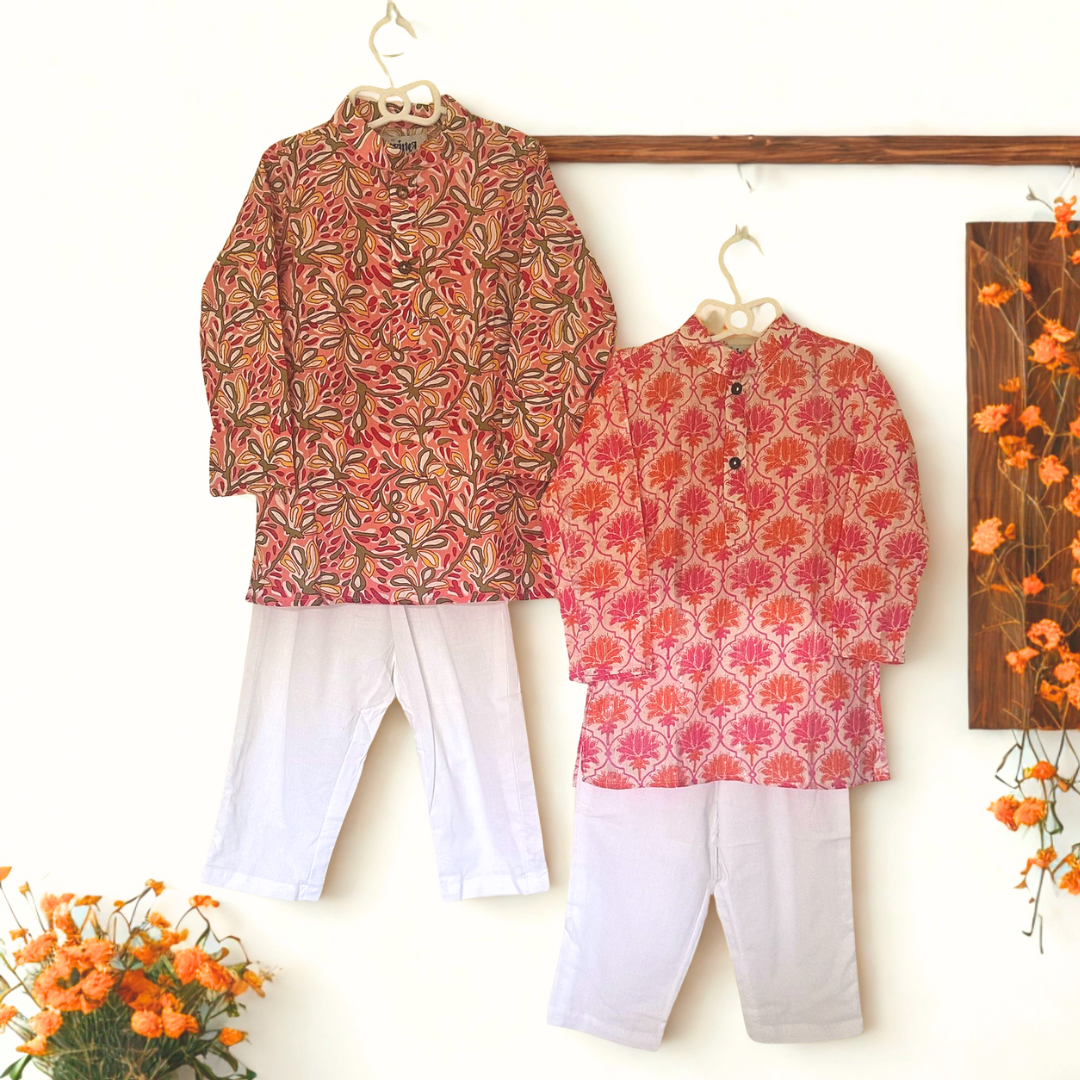 Twin Blossom Set – Festive Floral Print Kurtas - TwinsTribe x Critter Kids Festive Collection