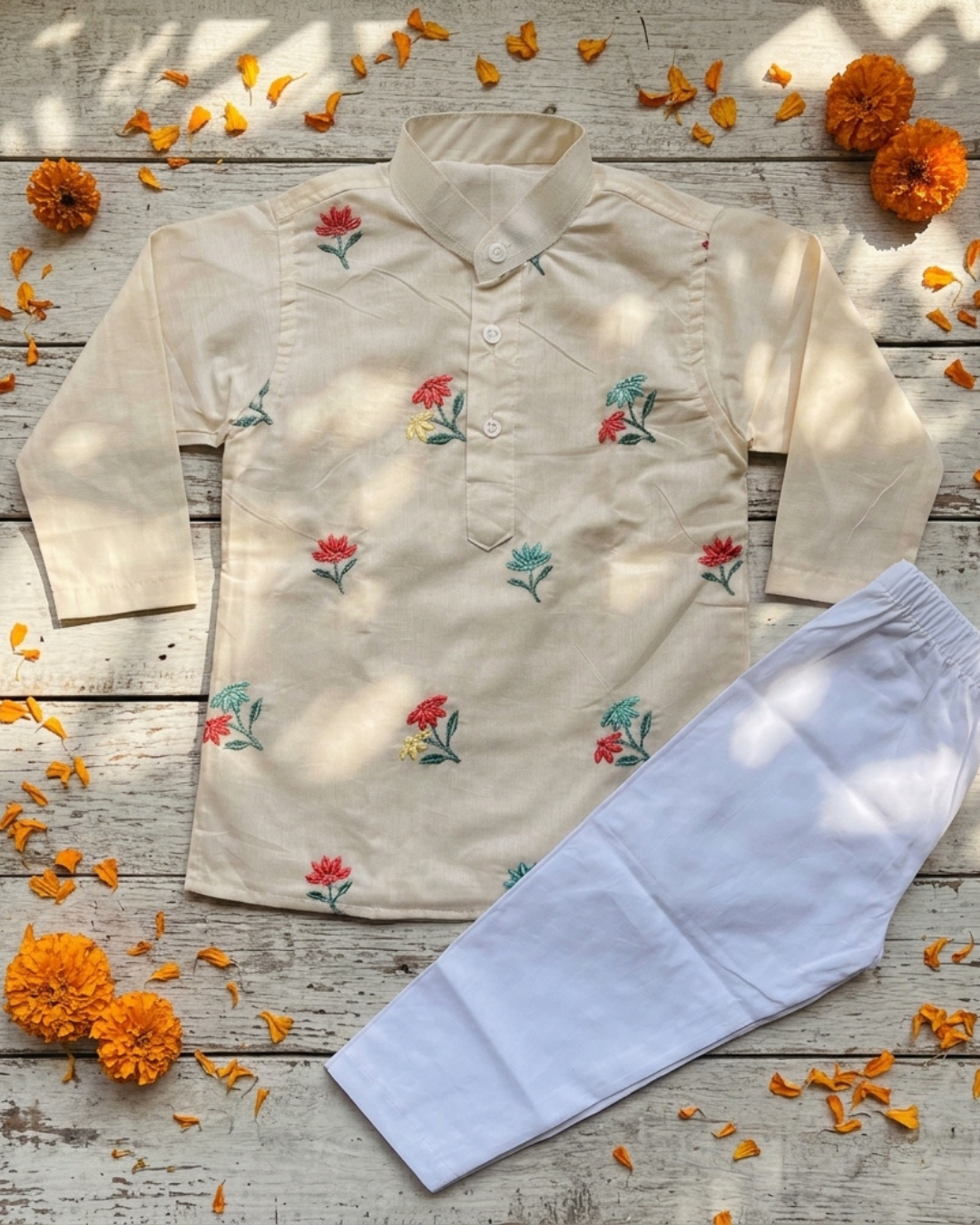 Twin Petals – Cream Embroidered Chanderi Kurta Pajama & Palazzo Set for Twins – TwinsTribe x Chhutkan Celebration Edit