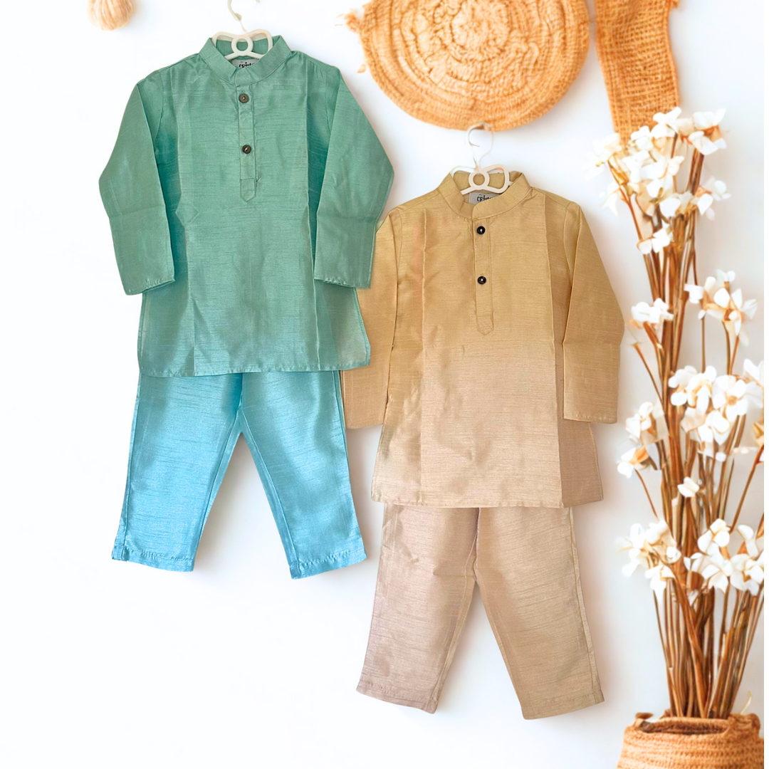 Twin Classic Set – Aqua Blue & Golden Kurta Pyajama - TwinsTribe x Critter Kids Festive Collection