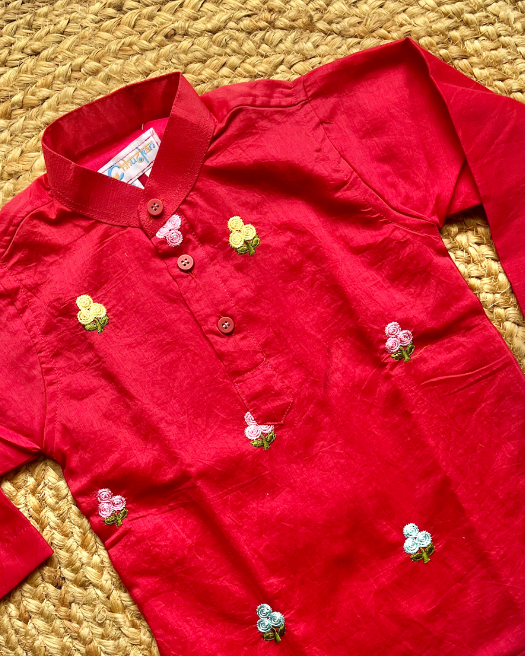 Royal Duo – Red & Blue Embroidered Chanderi Kurta Pajama Sets for Twin Boys – TwinsTribe x Chhutkan Celebration Edit