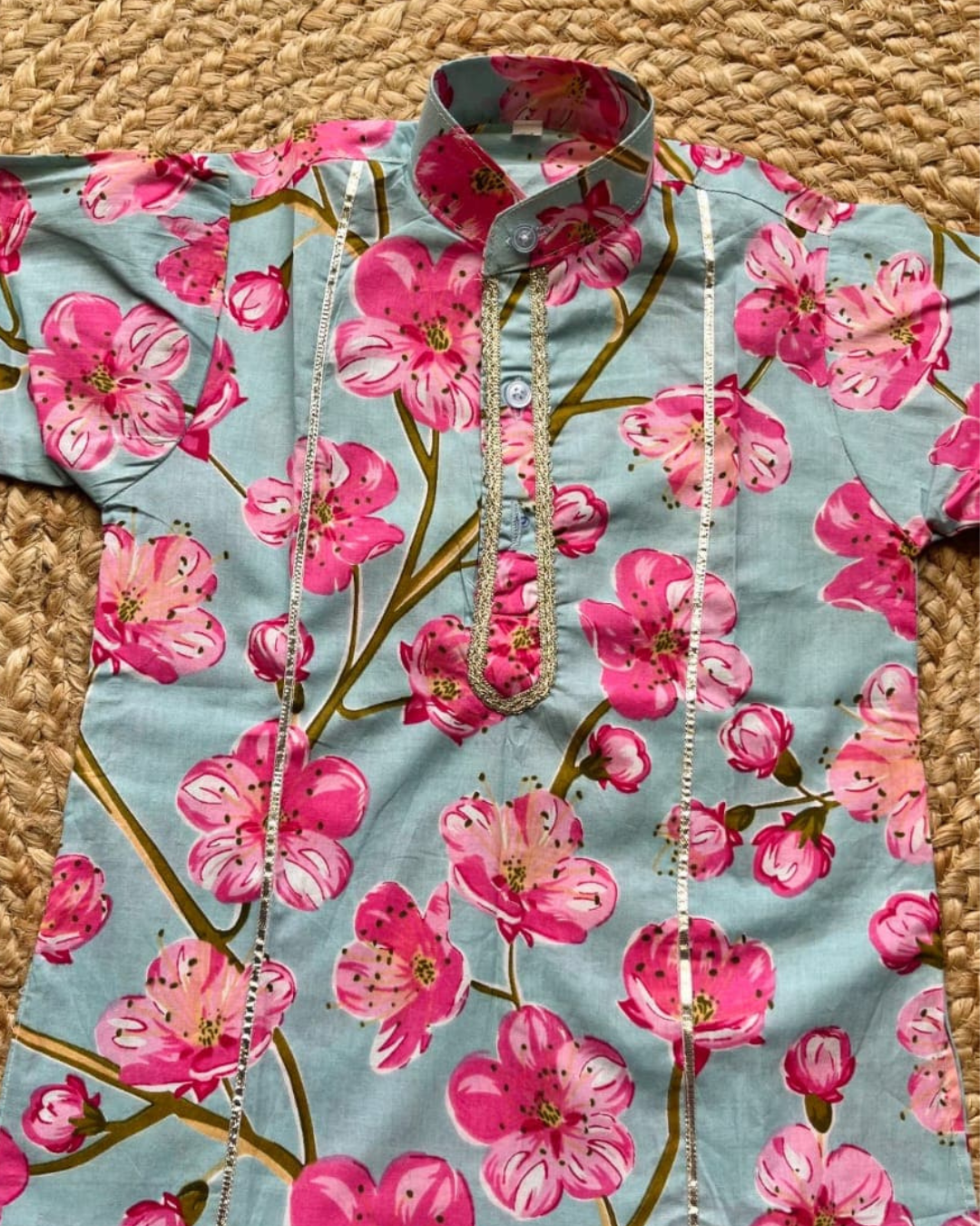 Twin Bloom – Firozi Floral Kurta Pajama & Sharara Set for Twins – TwinsTribe x Chhutkan Celebration Edit