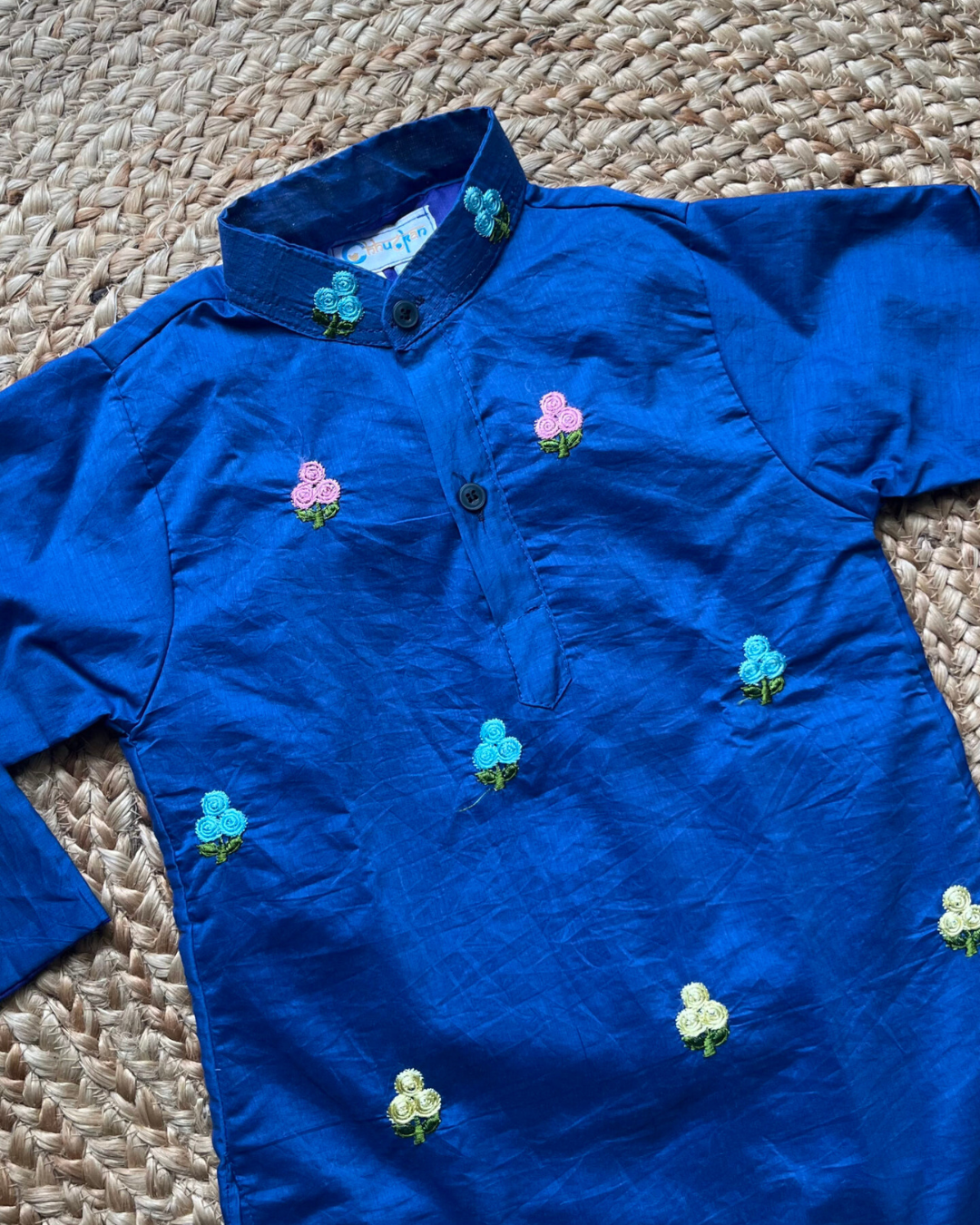Bluebell Bliss - Royal Blue Embroidered Chanderi Kurta Pajama & Angrakha Palazzo Set for Twins – TwinsTribe x Chhutkan Celebration Edit