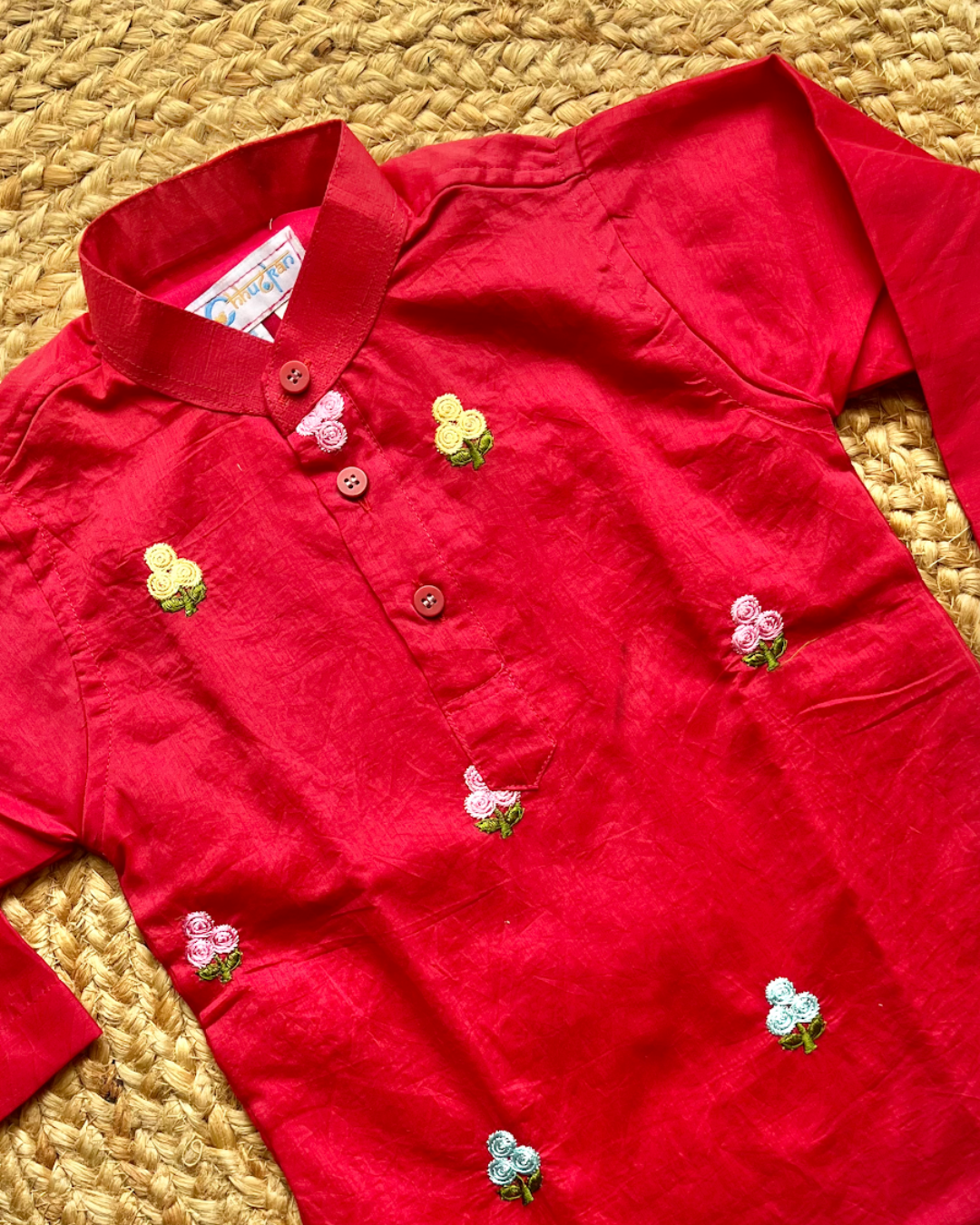 Laal Bahaar - Red Embroidered Chanderi Kurta Pajama & Angrakha Palazzo Set for Twins – TwinsTribe x Chhutkan Celebration Edit