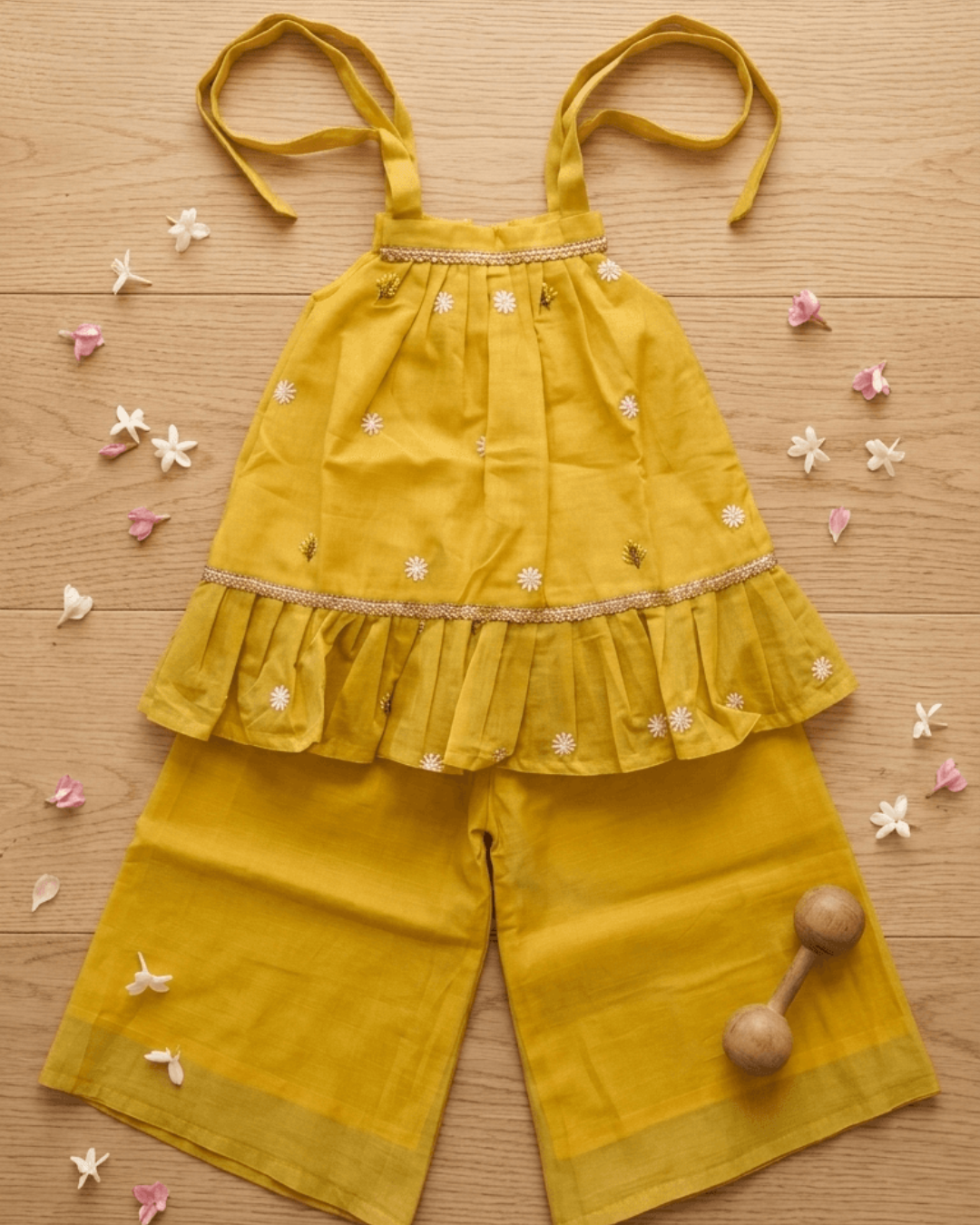 Marigold Moments – Mustard Yellow Embroidered Chanderi Kurta Pajama & Palazzo Set for Twins – TwinsTribe x Chhutkan Celebration Edit