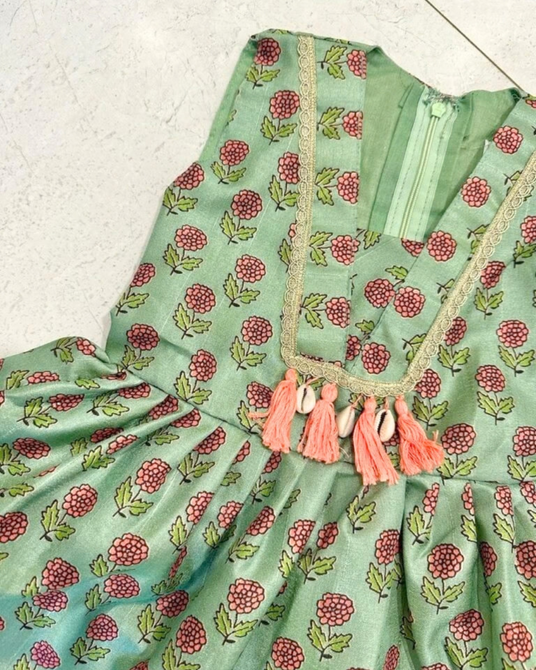 Mehendi Gulzar – Sage Green Floral Soft Silk Kurta Pajama & Palazzo Set for Twins – TwinsTribe X Chhutkan Diwali Edit