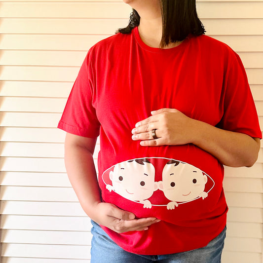 Peek-a-Boo – Tee for Expecting Twin Moms (Red)