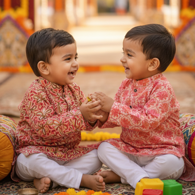 Twin Blossom Set – Festive Floral Print Kurtas - TwinsTribe x Critter Kids Festive Collection