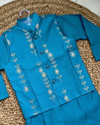 Mor Mahal – Peacock Blue Embroidered Mul Chanderi Koti Kurta Pajama & Palazzo Set for Twins – TwinsTribe X Chhutkan Diwali Edit
