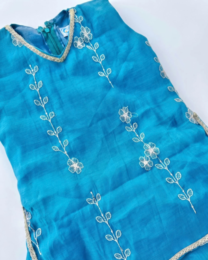 Mor Mahal – Peacock Blue Embroidered Mul Chanderi Koti Kurta Pajama & Palazzo Set for Twins – TwinsTribe X Chhutkan Diwali Edit