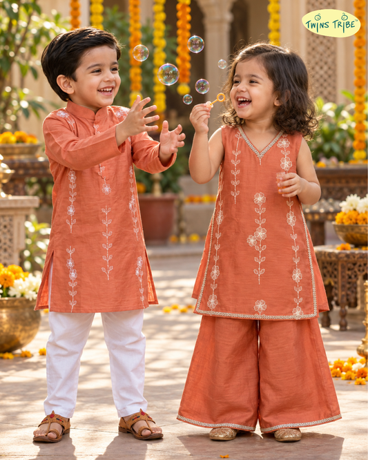 Rustic Radiance – Earthy Orange Embroidered Mul Chanderi Kurta Pajama & Palazzo Set for Twins – TwinsTribe X Chhutkan Diwali Edit