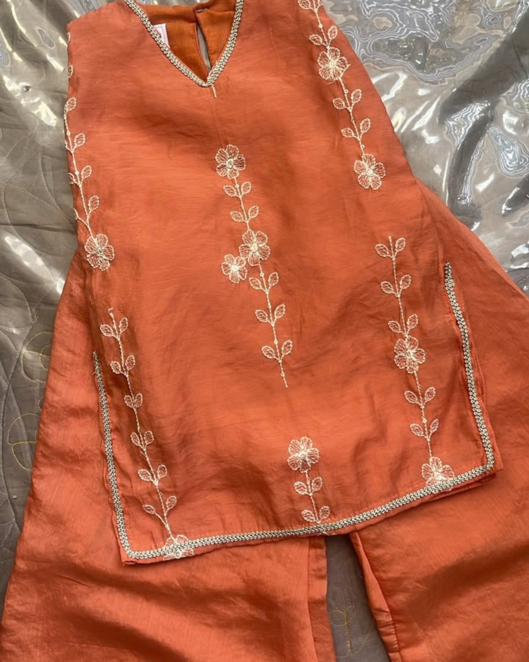 Rustic Radiance – Earthy Orange Embroidered Mul Chanderi Kurta Pajama & Palazzo Set for Twins – TwinsTribe X Chhutkan Diwali Edit