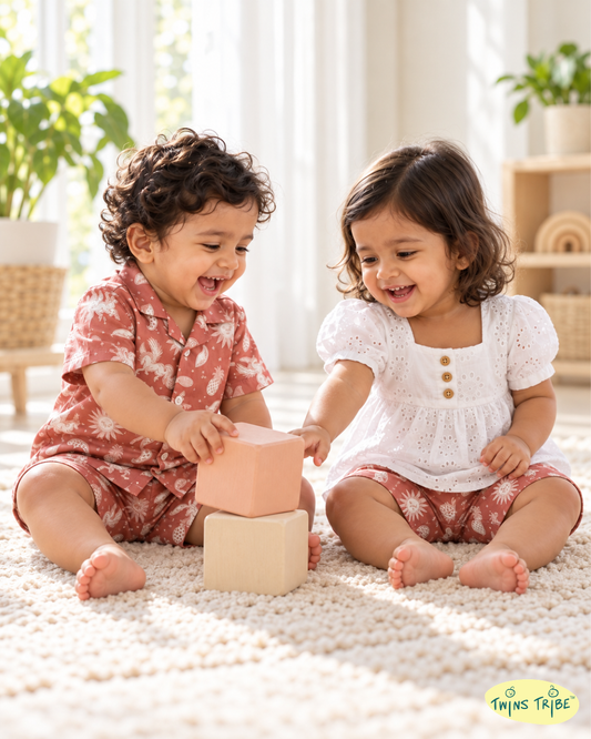 Daydream Duo – White & Earthy Brown Cotton Co-ord Sets for Twins – TwinsTribe x Chhutkan Celebration Edit