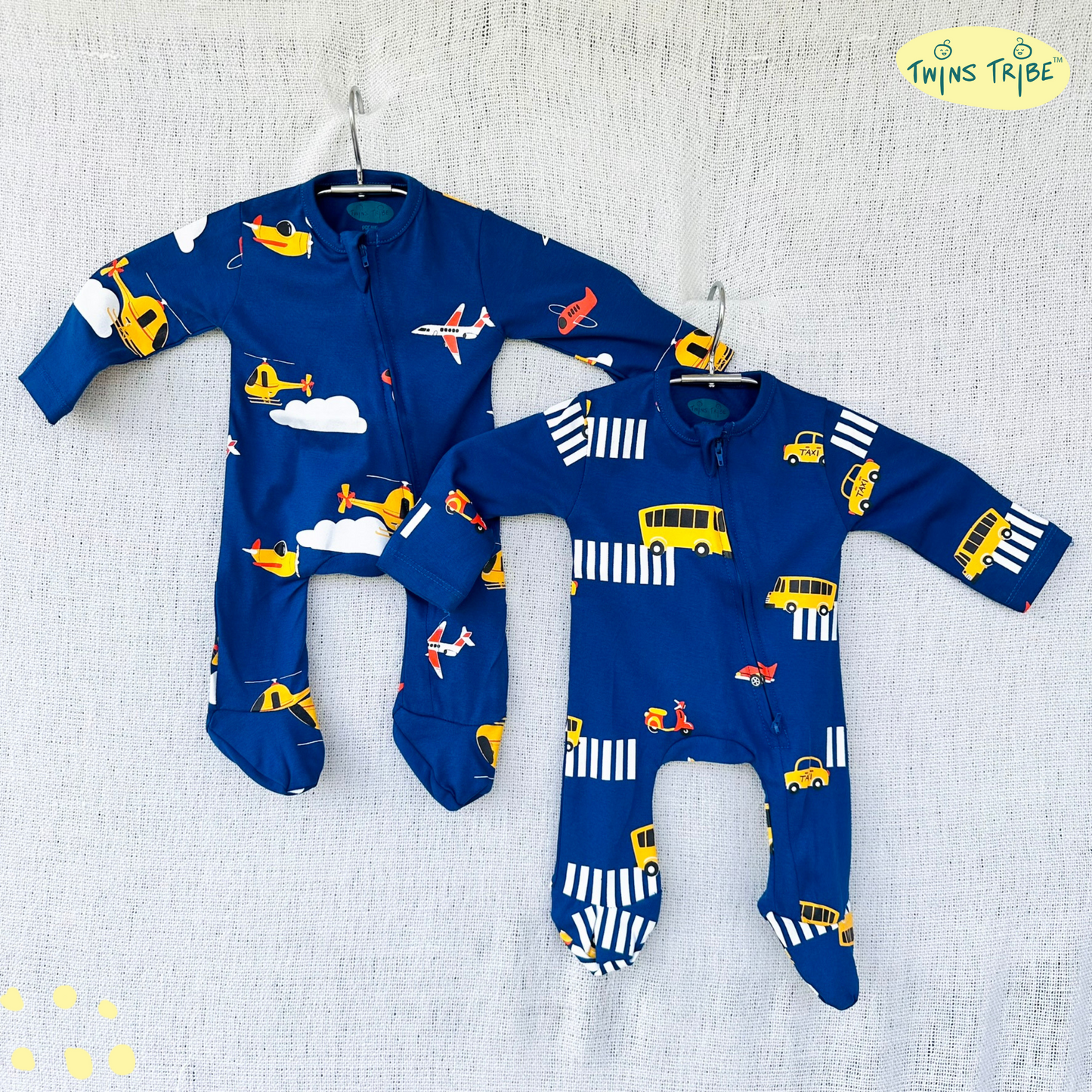 TwinsTribe Twins Rompers Set – Wheels & Wings