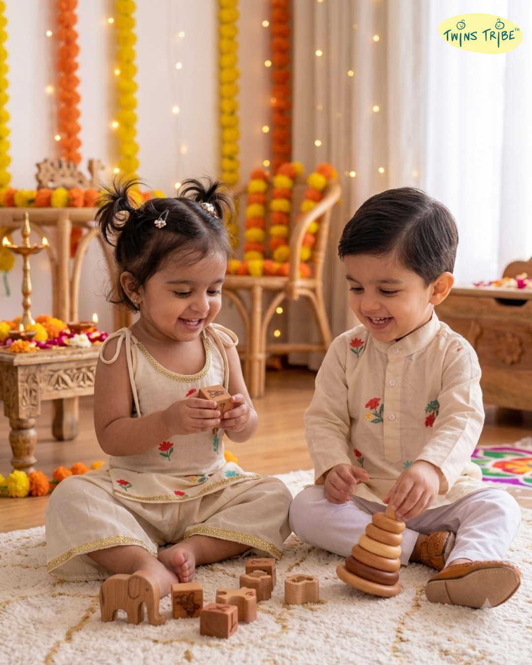 Twin Petals – Cream Embroidered Chanderi Kurta Pajama & Palazzo Set for Twins – TwinsTribe x Chhutkan Celebration Edit