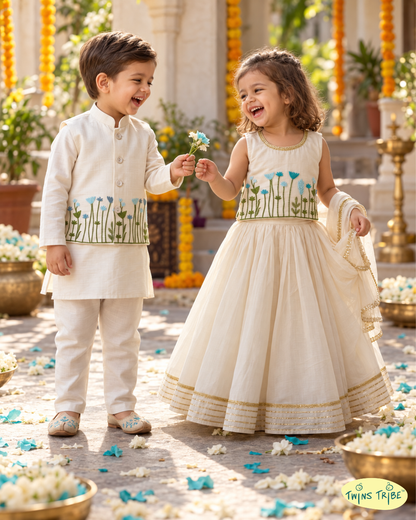 Ivory Blooms – Cream Embroidered Chanderi Koti Kurta Pajama & Lehenga Set for Twins – TwinsTribe x Chhutkan Celebration Edit