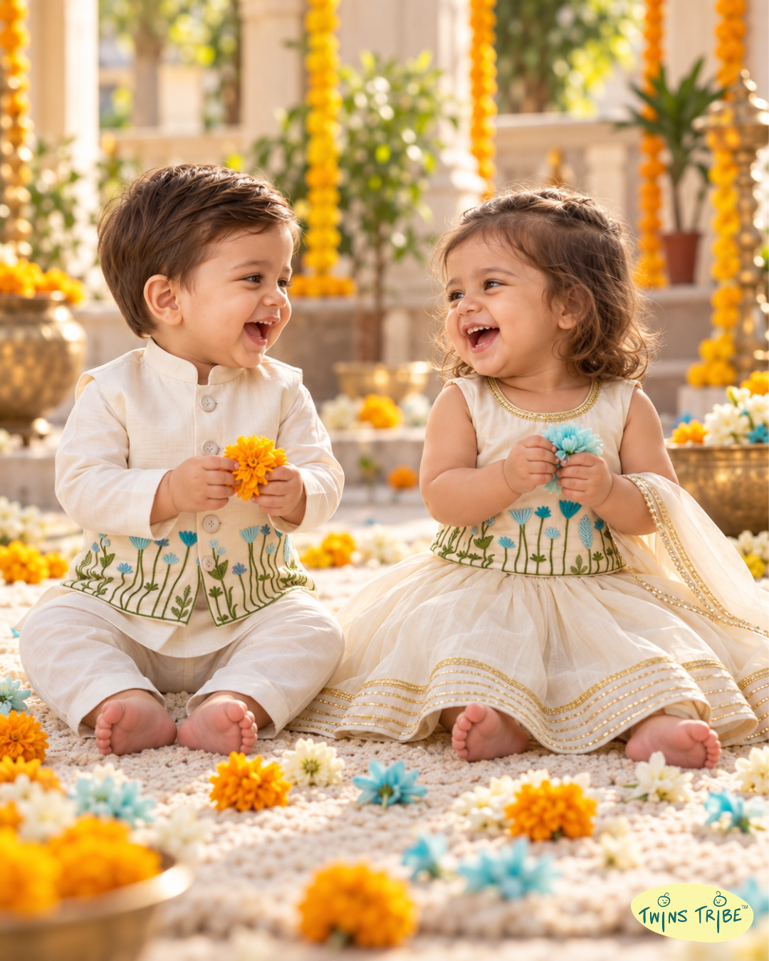 Ivory Blooms – Cream Embroidered Chanderi Koti Kurta Pajama & Lehenga Set for Twins – TwinsTribe x Chhutkan Celebration Edit