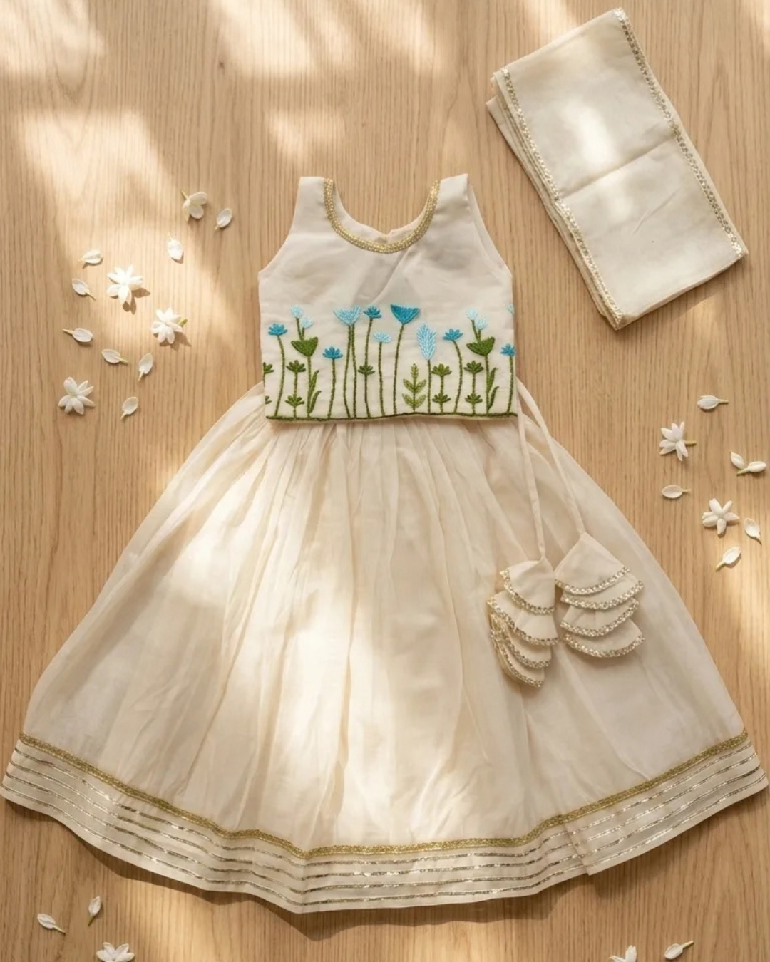 Ivory Blooms – Cream Embroidered Chanderi Koti Kurta Pajama & Lehenga Set for Twins – TwinsTribe x Chhutkan Celebration Edit