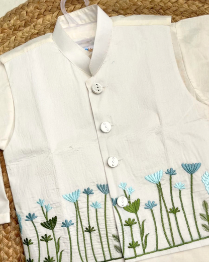 Ivory Blooms – Cream Embroidered Chanderi Koti Kurta Pajama & Lehenga Set for Twins – TwinsTribe x Chhutkan Celebration Edit