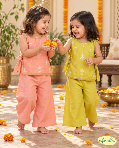 Garden Glow - Green & Peach Embroidered Mul Chanderi Palazzo Sets for Twin Girls – TwinsTribe x Chhutkan Diwali Edit