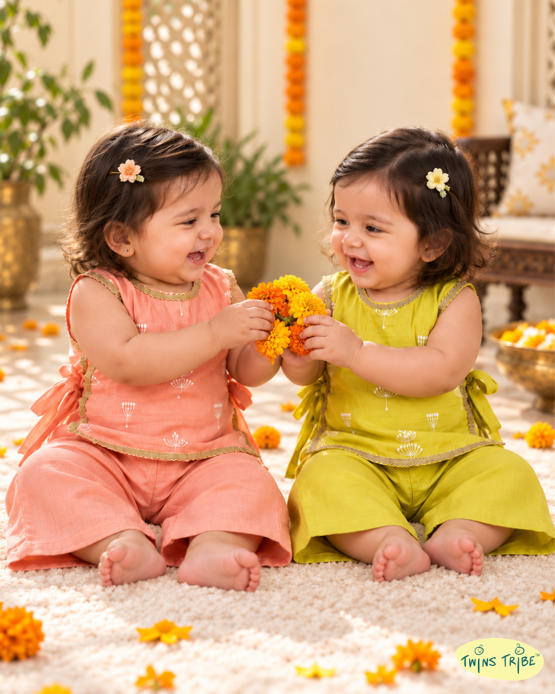 Garden Glow - Green & Peach Embroidered Mul Chanderi Palazzo Sets for Twin Girls – TwinsTribe x Chhutkan Diwali Edit