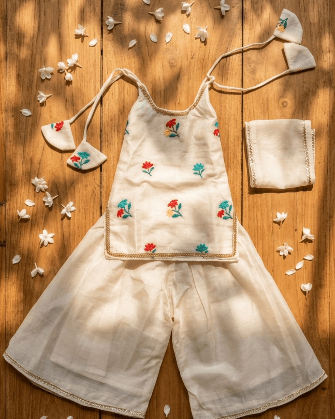 Twin Petals – Cream Embroidered Chanderi Kurta Pajama & Palazzo Set for Twins – TwinsTribe x Chhutkan Celebration Edit