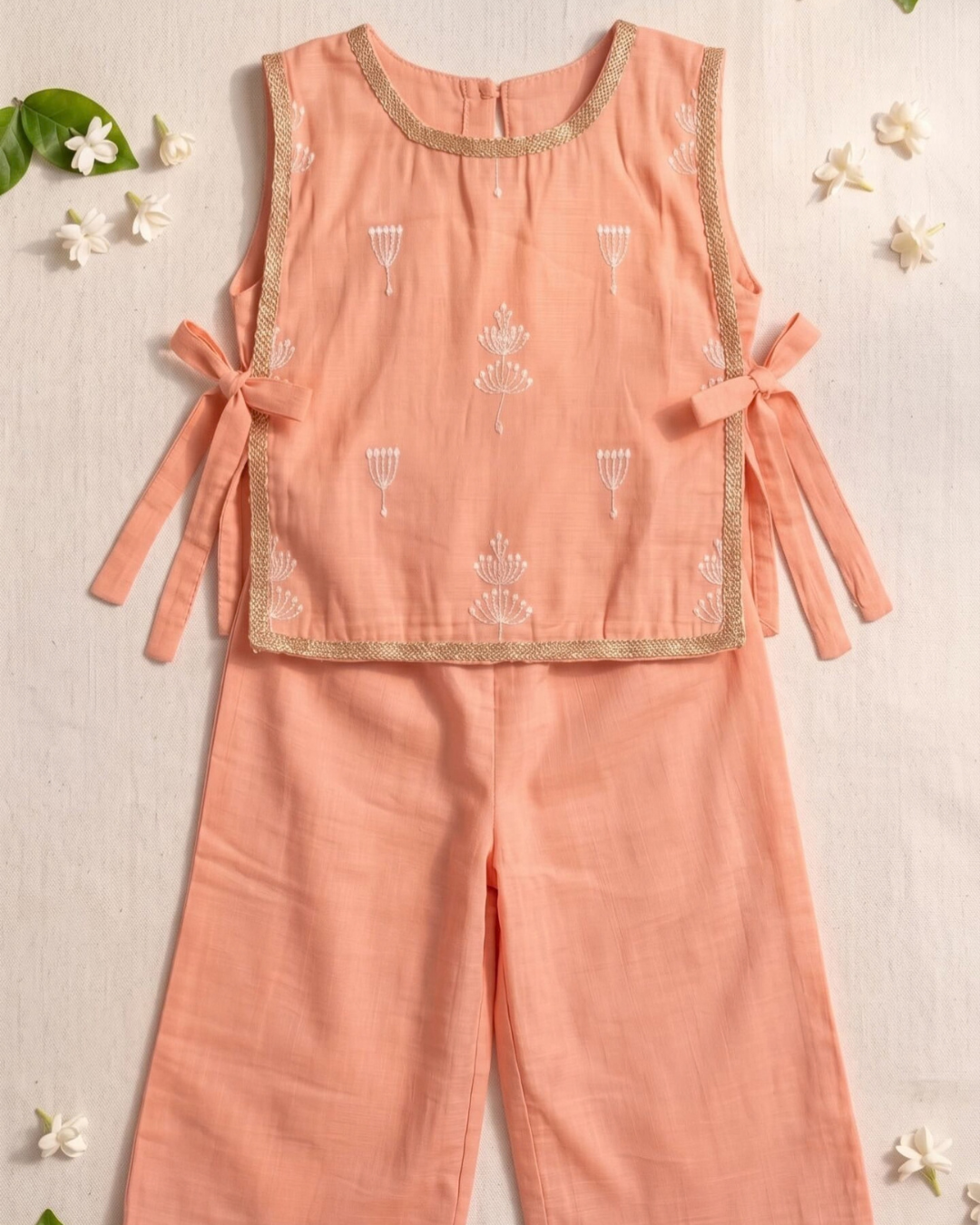 Garden Glow - Green & Peach Embroidered Mul Chanderi Palazzo Sets for Twin Girls – TwinsTribe x Chhutkan Diwali Edit
