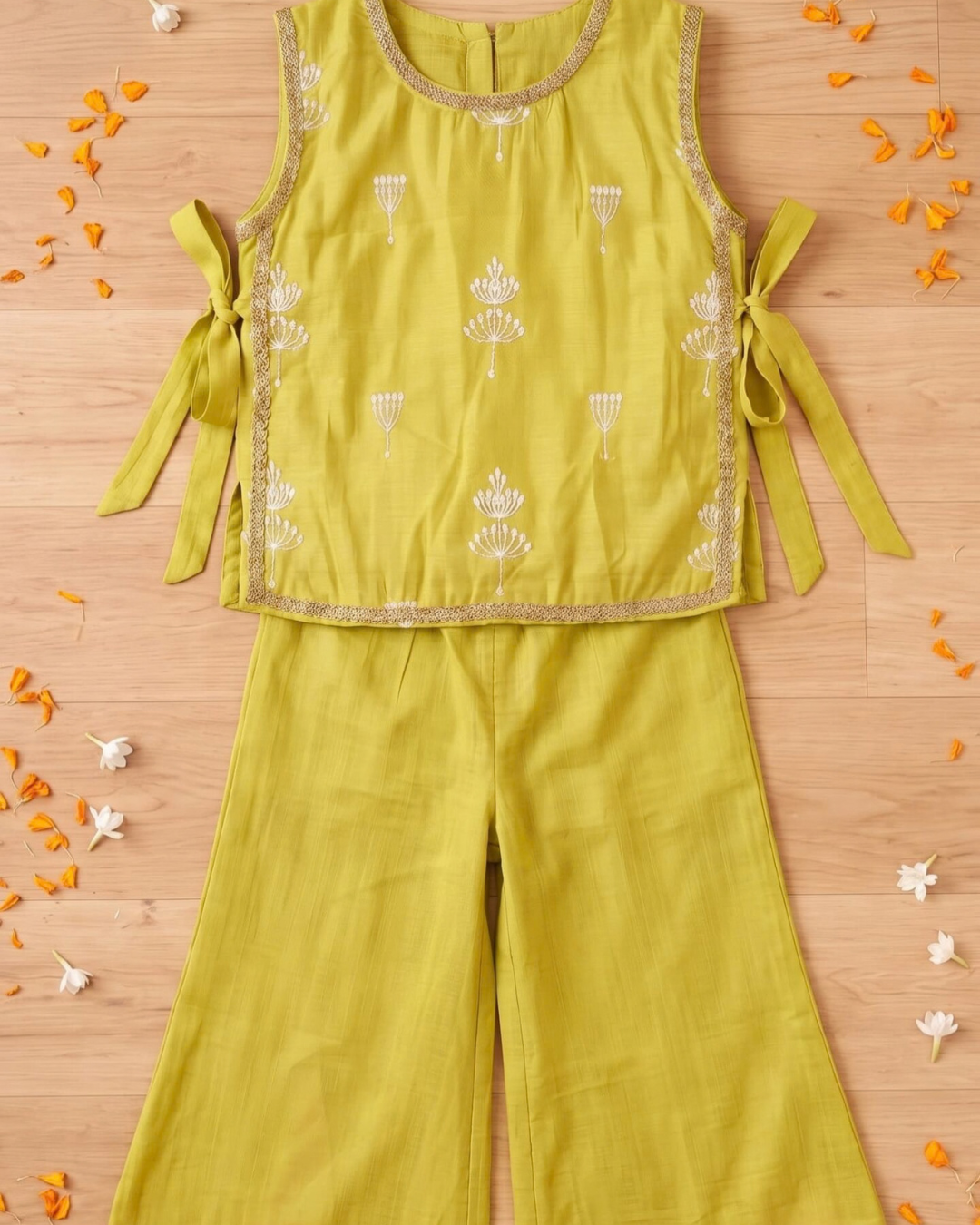 Garden Glow - Green & Peach Embroidered Mul Chanderi Palazzo Sets for Twin Girls – TwinsTribe x Chhutkan Diwali Edit