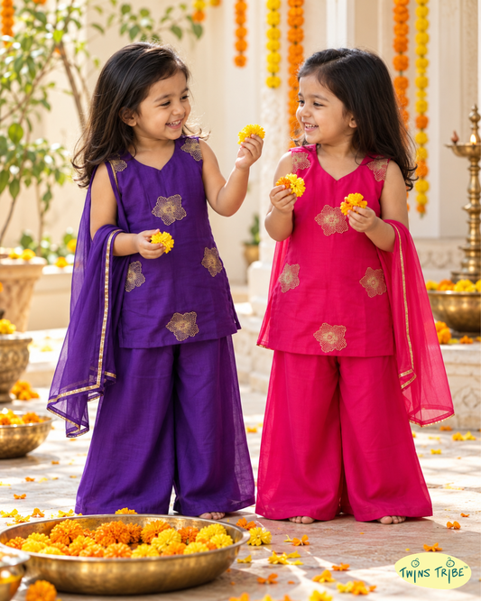 Rang-e-Rani - Pink & Purple Embellished Mul Chanderi Palazzo Sets for Twin Girls – TwinsTribe x Chhutkan Diwali Edit