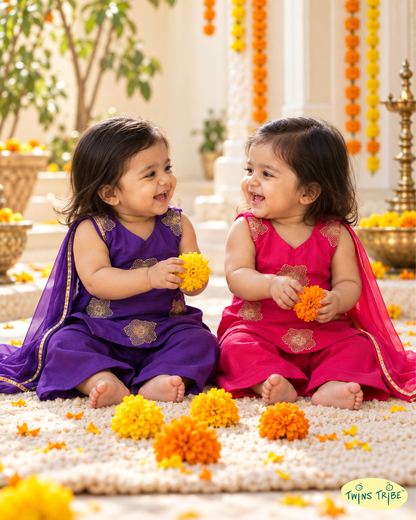 Rang-e-Rani - Pink & Purple Embellished Mul Chanderi Palazzo Sets for Twin Girls – TwinsTribe x Chhutkan Diwali Edit
