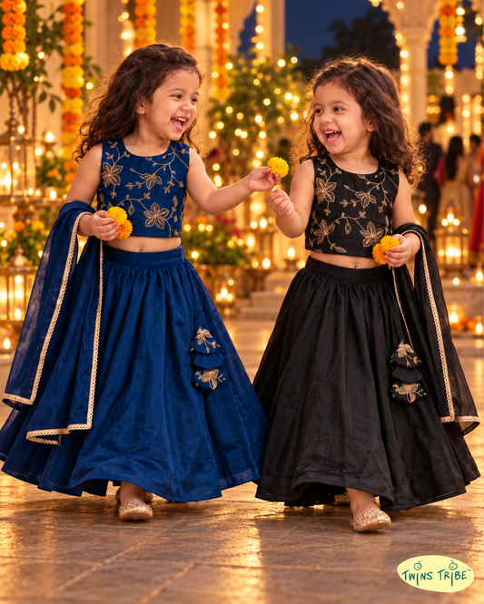 Raat Rani - Black & Royal Blue Embellished Mul Chanderi Lehenga Sets for Twin Girls – TwinsTribe x Chhutkan Diwali Edit