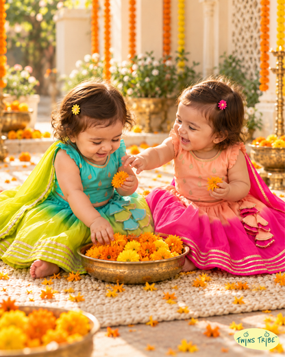 Rang Bahaar -  Peach-Pink & Aqua-Lime Ombré Chanderi Lehenga Sets for Twin Girls – TwinsTribe x Chhutkan Diwali Edit