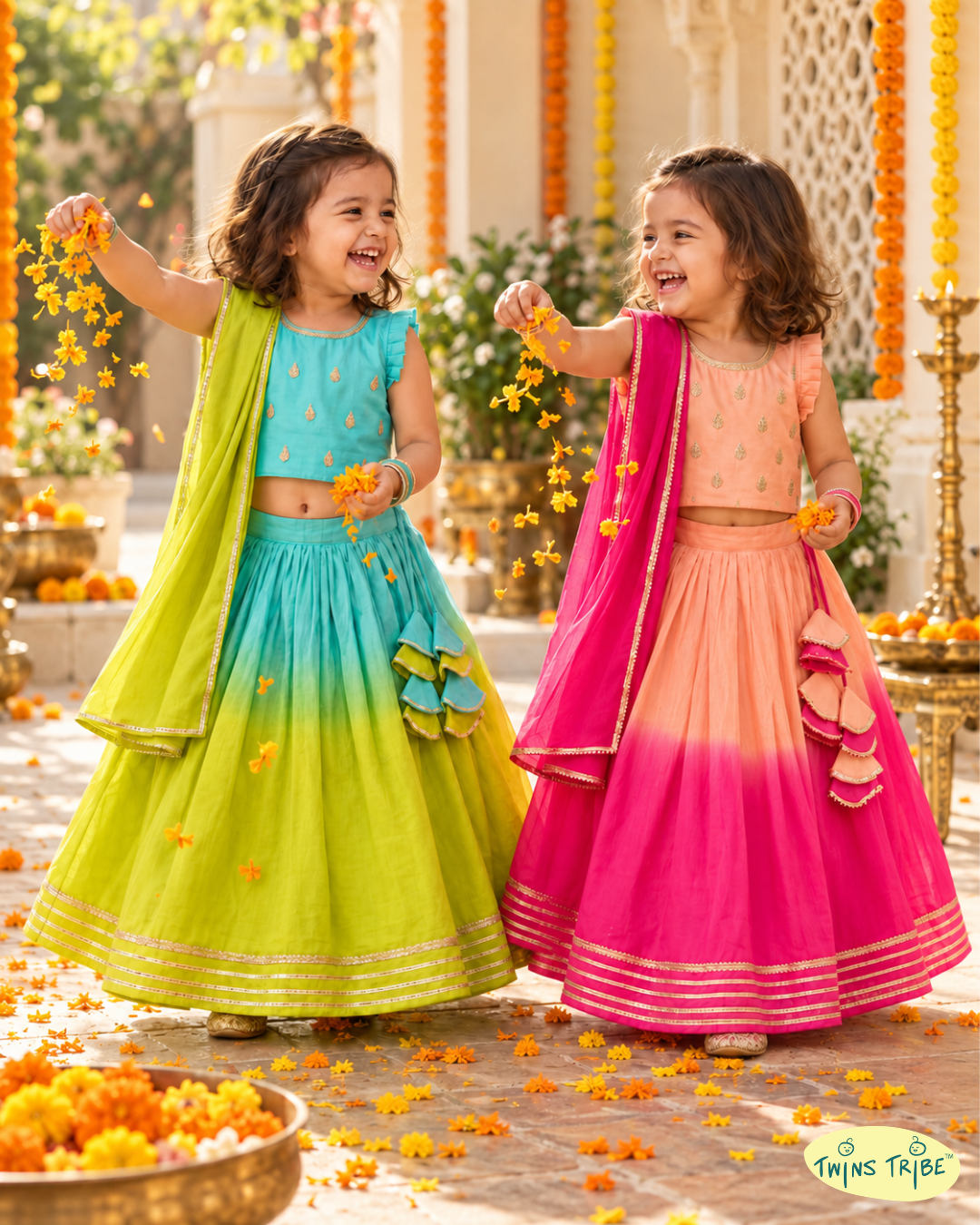 Rang Bahaar -  Peach-Pink & Aqua-Lime Ombré Chanderi Lehenga Sets for Twin Girls – TwinsTribe x Chhutkan Diwali Edit
