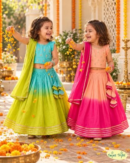Rang Bahaar -  Peach-Pink & Aqua-Lime Ombré Chanderi Lehenga Sets for Twin Girls – TwinsTribe x Chhutkan Diwali Edit