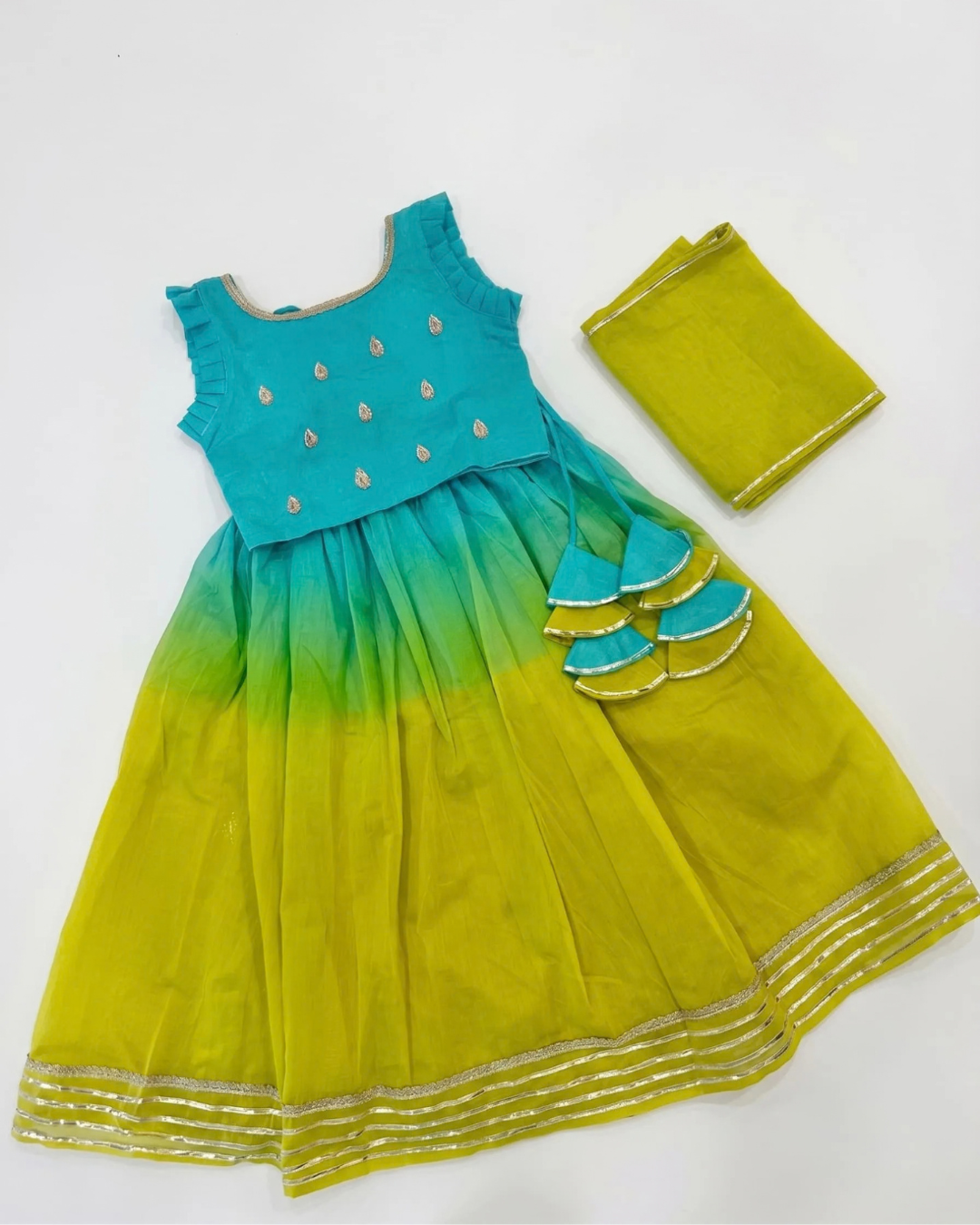 Rang Bahaar -  Peach-Pink & Aqua-Lime Ombré Chanderi Lehenga Sets for Twin Girls – TwinsTribe x Chhutkan Diwali Edit