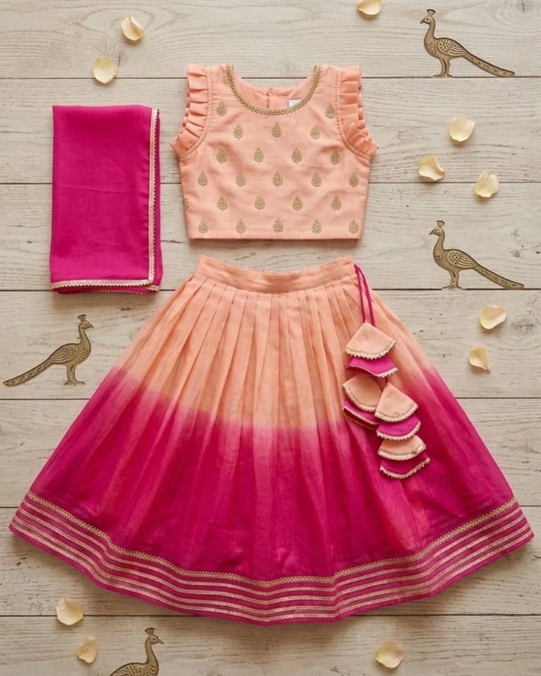 Rang Bahaar -  Peach-Pink & Aqua-Lime Ombré Chanderi Lehenga Sets for Twin Girls – TwinsTribe x Chhutkan Diwali Edit
