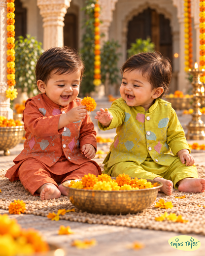 Rangrez Duo – Orange & Lime Green Embroidered Chanderi Koti Kurta Pajama Sets for Twin Boys – TwinsTribe x Chhutkan Diwali Edit