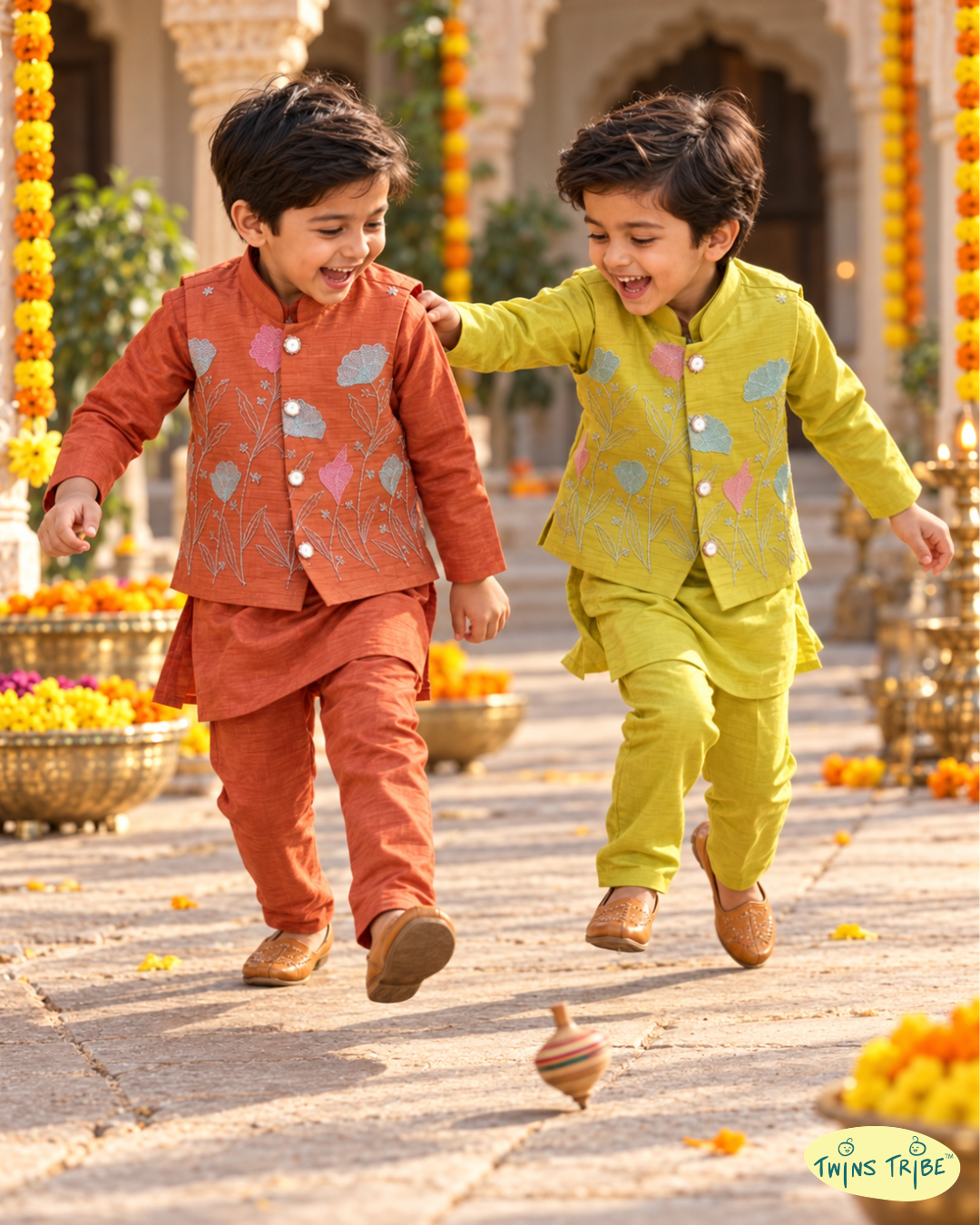 Rangrez Duo – Orange & Lime Green Embroidered Chanderi Koti Kurta Pajama Sets for Twin Boys – TwinsTribe x Chhutkan Diwali Edit