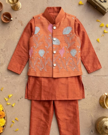 Rangrez Duo – Orange & Lime Green Embroidered Chanderi Koti Kurta Pajama Sets for Twin Boys – TwinsTribe x Chhutkan Diwali Edit