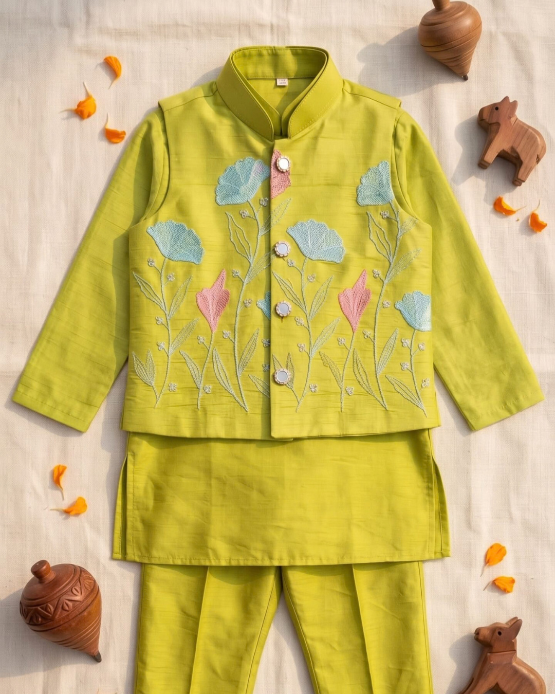 Rangrez Duo – Orange & Lime Green Embroidered Chanderi Koti Kurta Pajama Sets for Twin Boys – TwinsTribe x Chhutkan Diwali Edit