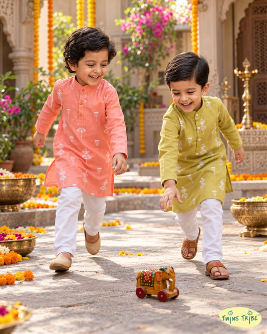 Blooming Buddies – Coral & Olive Green Floral Mul Chanderi Kurta Pajama Sets for Twin Boys – TwinsTribe x Chhutkan Diwali Edit