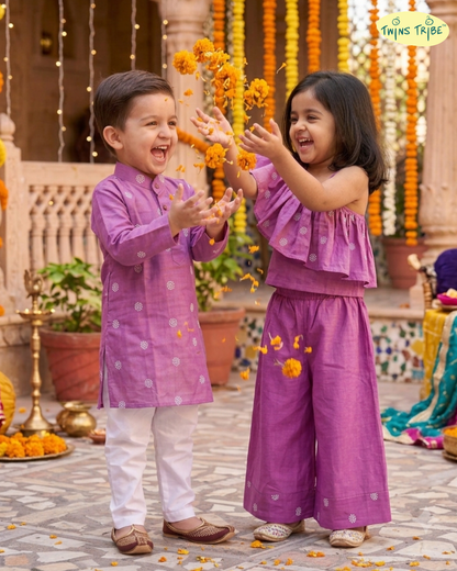 Twin Lilac – Purple Chanderi Kurta Pajama & Palazzo Set for Twins – TwinsTribe x Chhutkan Celebration Edit