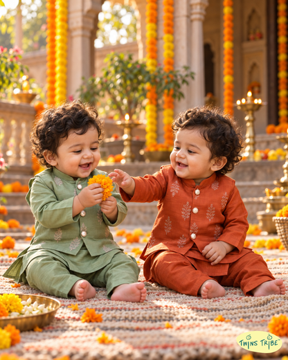 Rang-e-Mehendi – Rust Orange & Sage Green Embroidered Mul Chanderi Koti Kurta Pajama Sets for Twin Boys – TwinsTribe x Chhutkan Diwali Edit