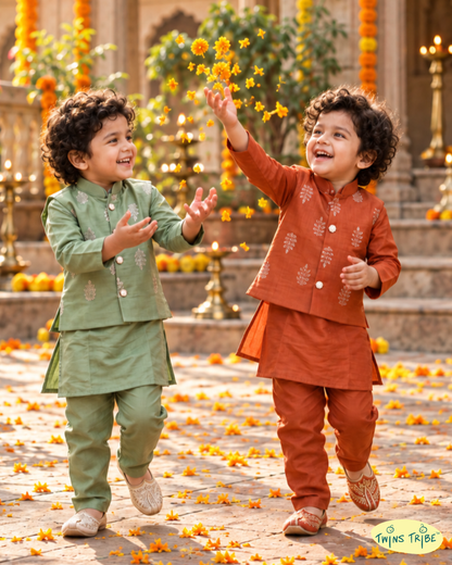 Rang-e-Mehendi – Rust Orange & Sage Green Embroidered Mul Chanderi Koti Kurta Pajama Sets for Twin Boys – TwinsTribe x Chhutkan Diwali Edit