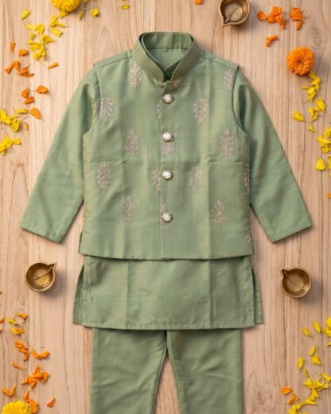 Rang-e-Mehendi – Rust Orange & Sage Green Embroidered Mul Chanderi Koti Kurta Pajama Sets for Twin Boys – TwinsTribe x Chhutkan Diwali Edit