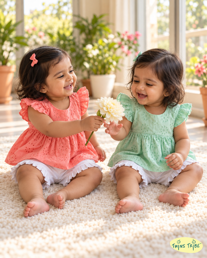 Candy Pop – Coral & Mint Pure Cotton Co-ord Sets for Twin Girls – TwinsTribe x Chhutkan Celebration Edit