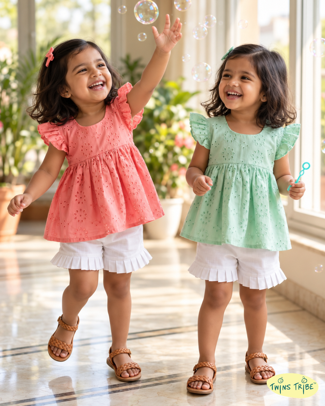 Candy Pop – Coral & Mint Pure Cotton Co-ord Sets for Twin Girls – TwinsTribe x Chhutkan Celebration Edit