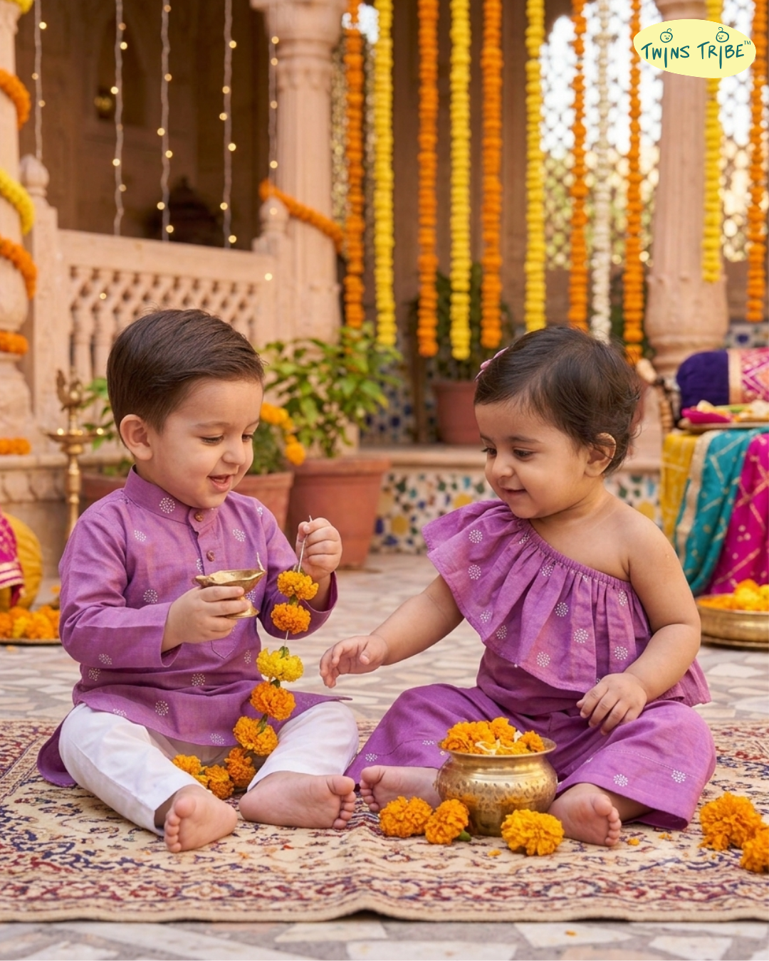 Twin Lilac – Purple Chanderi Kurta Pajama & Palazzo Set for Twins – TwinsTribe x Chhutkan Celebration Edit