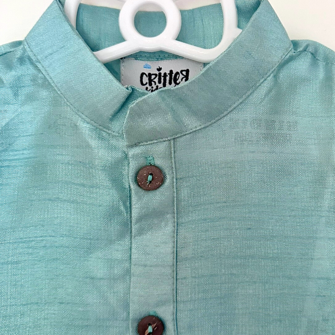 Twin Classic Set – Aqua Blue & Golden Kurta Pyajama - TwinsTribe x Critter Kids Festive Collection