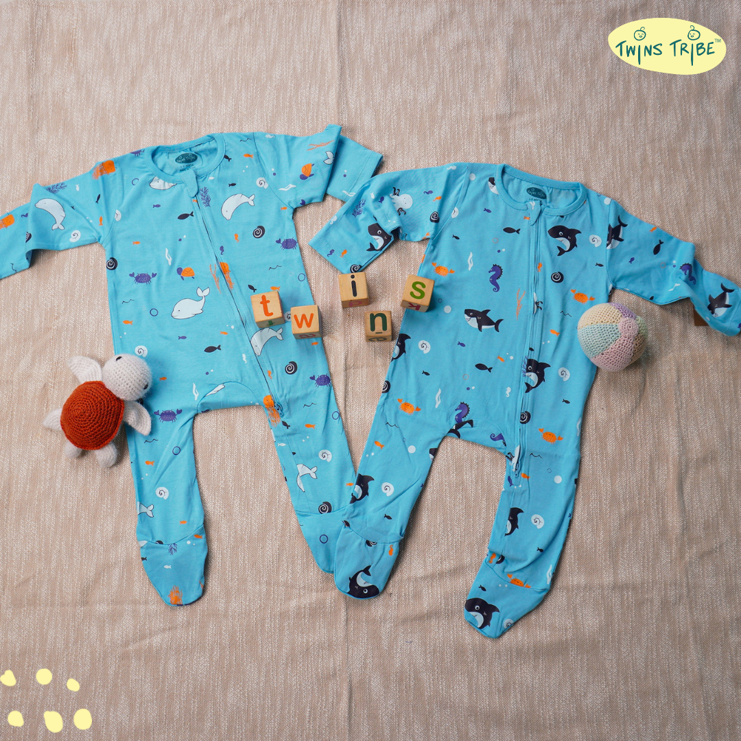 TwinsTribe Twins Rompers Set – Dolphins and Sharks